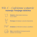 Żółta karta produktowa z ikonami objaśniającymi zalety stosowania suplementu Kropelki z witaminą C dla dzieci K. Hebda na układ odpornościowy i nerwowy.