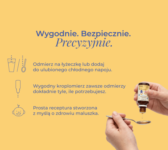 Dłonie odmierzające krople na łyżeczkę z butelki Kropelki z witaminą C dla dzieci K. Hebda na żółtym tle z instrukcją stosowania.