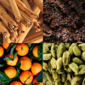 Peeling Czterech Alchemików Hebda w otoczeniu cynamonu, kardamonu i pomarańczy, podkreślający aromaterapeutyczny charakter produktu.