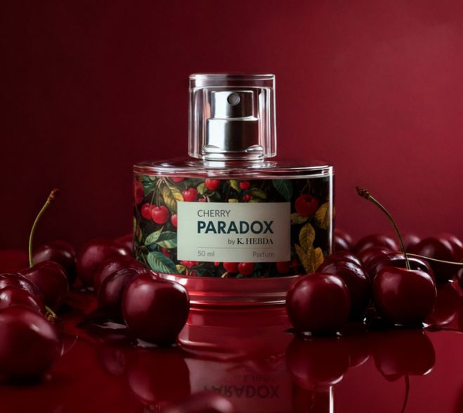 Flakon luksusowych perfum damskich Cherry Paradox by K. Hebda 50 ml w otoczeniu dojrzałych owoców ciemnej wiśni na czerwonym tle.