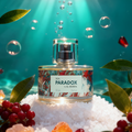 Flakon perfum damskich Sea Paradox by K. Hebda 50 ml na podłożu z białych kryształków soli w turkusowej głębi oceanu.
