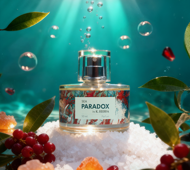 Flakon perfum damskich Sea Paradox by K. Hebda 50 ml na podłożu z białych kryształków soli w turkusowej głębi oceanu.