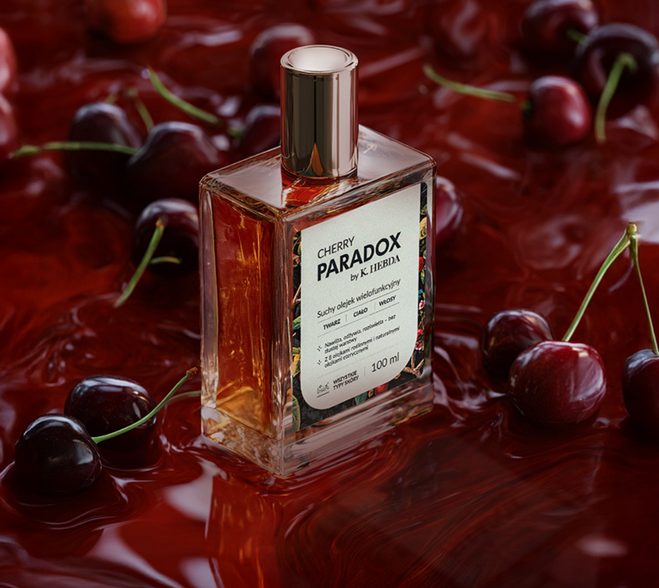 Luksusowy suchy olejek wielofunkcyjny do ciała, twarzy i włosów Cherry Paradox by K. Hebda o pojemności 100 ml w otoczeniu dojrzałych wiśni.