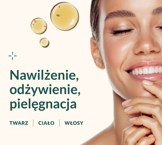 Promienna twarz kobiety oraz złociste krople ekskluzywnego kosmetyku naturalnego — baner nawilżenie, odżywienie i pielęgnacja Cherry Paradox.