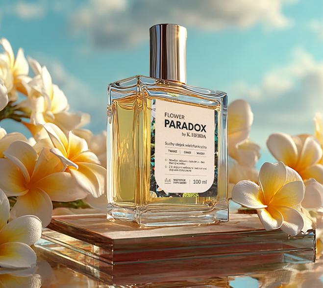Prostokątna butelka luksusowego suchego olejku Flower Paradox 100 ml by K. Hebda w otoczeniu jasnych, kwitnących kwiatów.