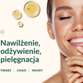 Promienna twarz kobiety obok lśniących kropli wielofunkcyjnego suchego olejku Sea Paradox do twarzy, ciała i włosów.