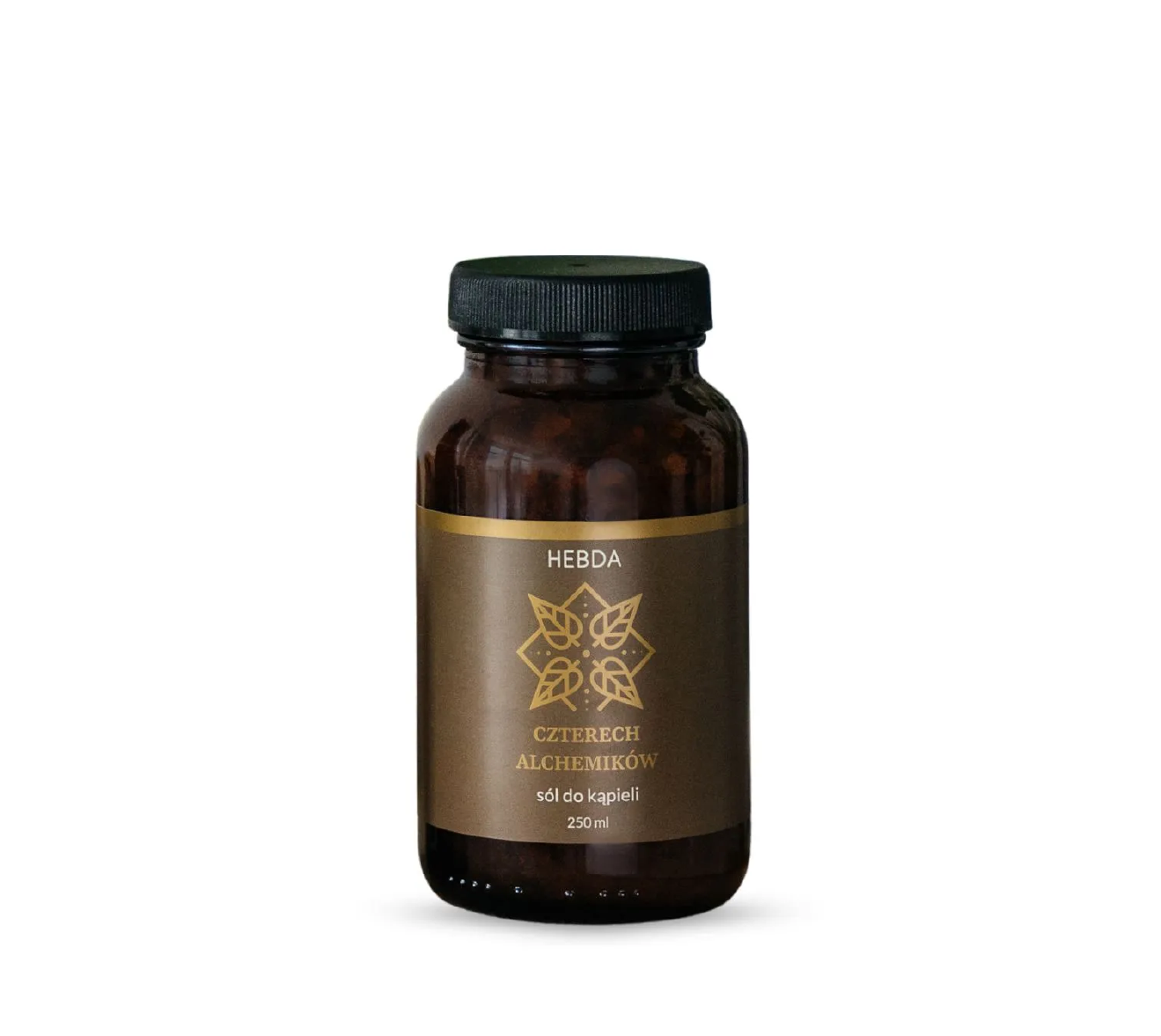 Sól do kąpieli Czterech Alchemików Hebda w brązowym słoiku na białym tle, produkt aromaterapeutyczny 250 ml.