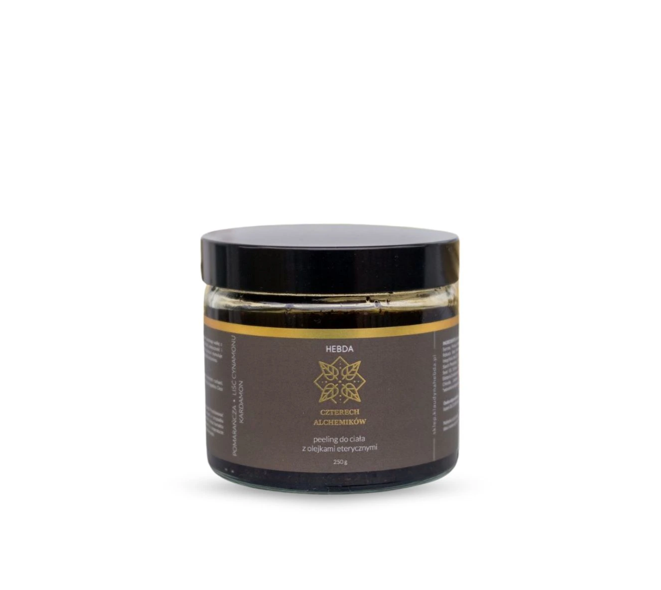 Peeling Czterech Alchemików Hebda w szklanym słoiku na białym tle, naturalny produkt z olejkami eterycznymi o korzennym aromacie.