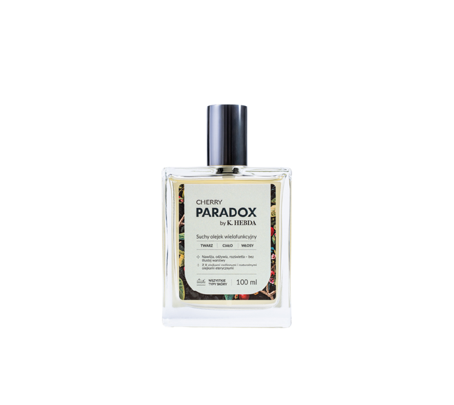 Prostokątny szklany flakon suchego olejku wielofunkcyjnego Cherry Paradox by K. Hebda 100 ml — packshot na białym tle.