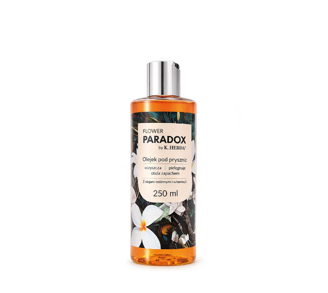 Eleganckie butelkowe opakowanie luksusowego produktu olejek pod prysznic Flower Paradox o pojemności 250 ml na jednolitym białym tle.