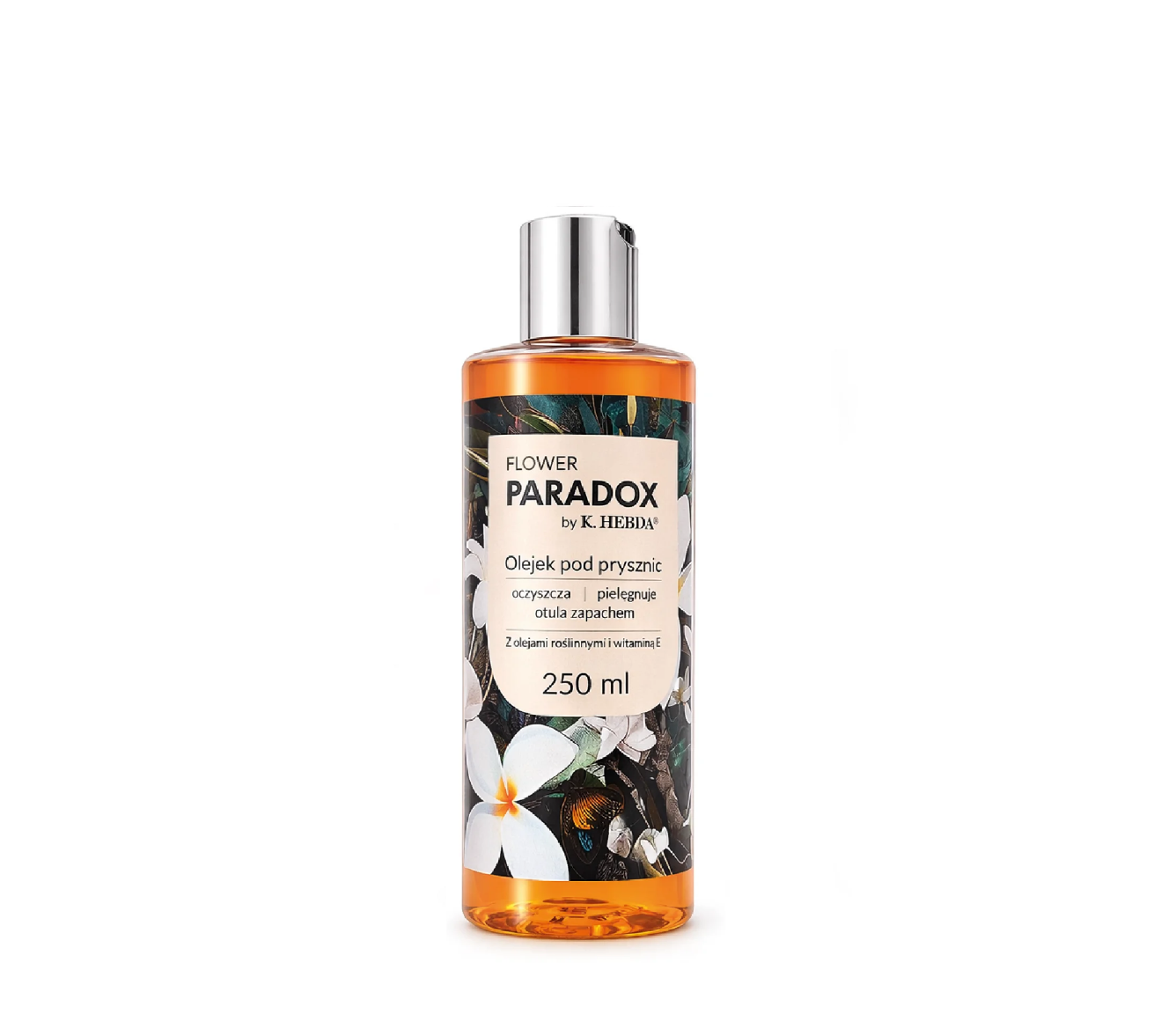 Eleganckie butelkowe opakowanie luksusowego produktu olejek pod prysznic Flower Paradox o pojemności 250 ml na jednolitym białym tle.