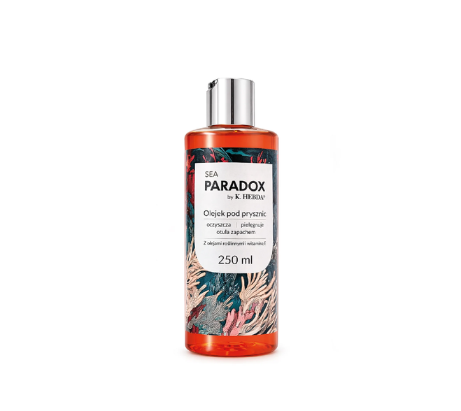 Eleganckie butelkowe opakowanie luksusowego produktu olejek pod prysznic Sea Paradox o pojemności 250 ml na jednolitem białym tle.