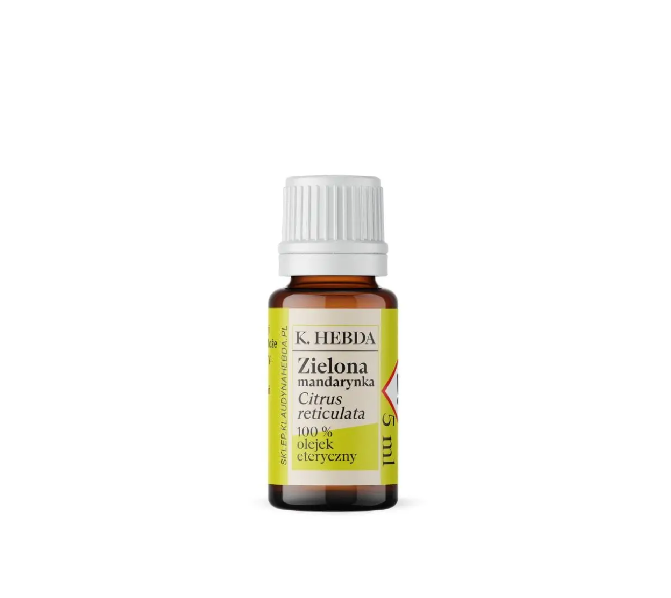 Butelka 15ml naturalnego olejku z zielonej mandarynki K. Hebda na białym tle.